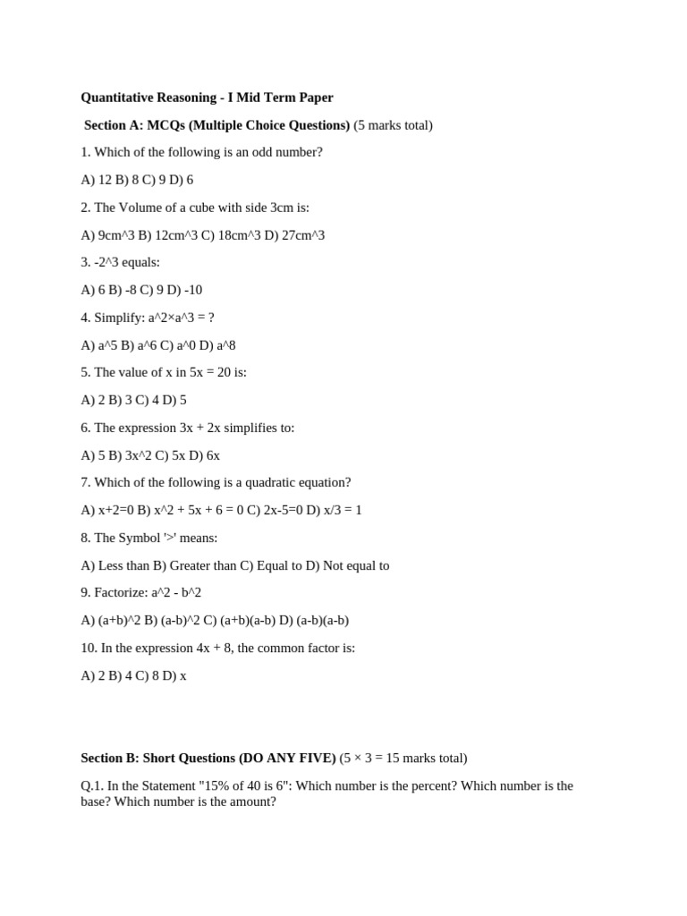 QR-1 Mid Term Paper | PDF