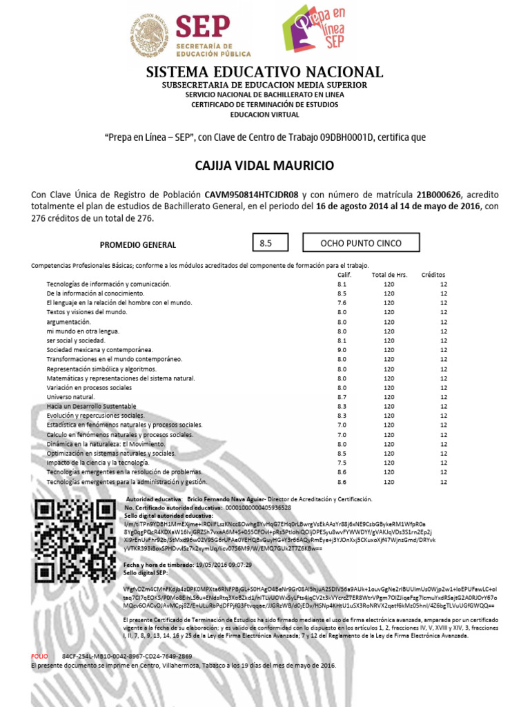 Certificado de Bachillerato en Línea SEP | PDF