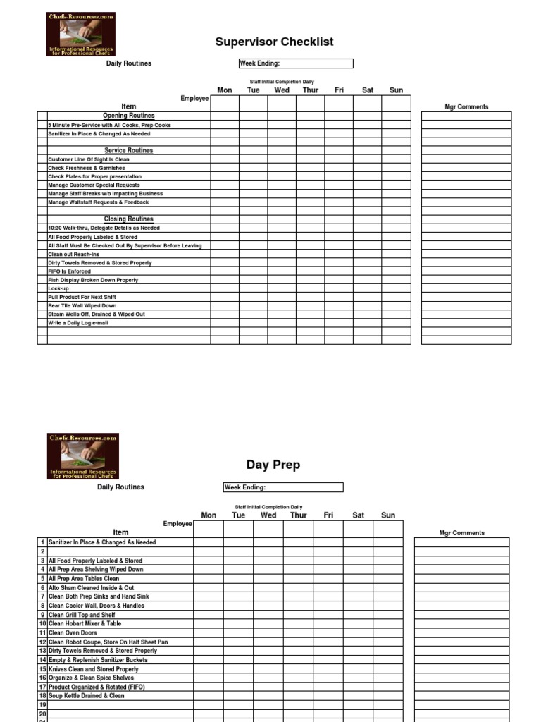 Daily Kitchen Task Checklist | PDF | Barbecue Grill | Foods