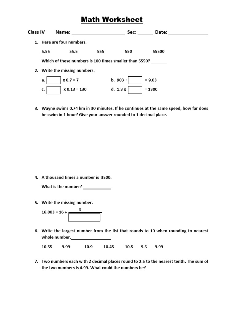 Class IV Math Worksheet Exercises | PDF