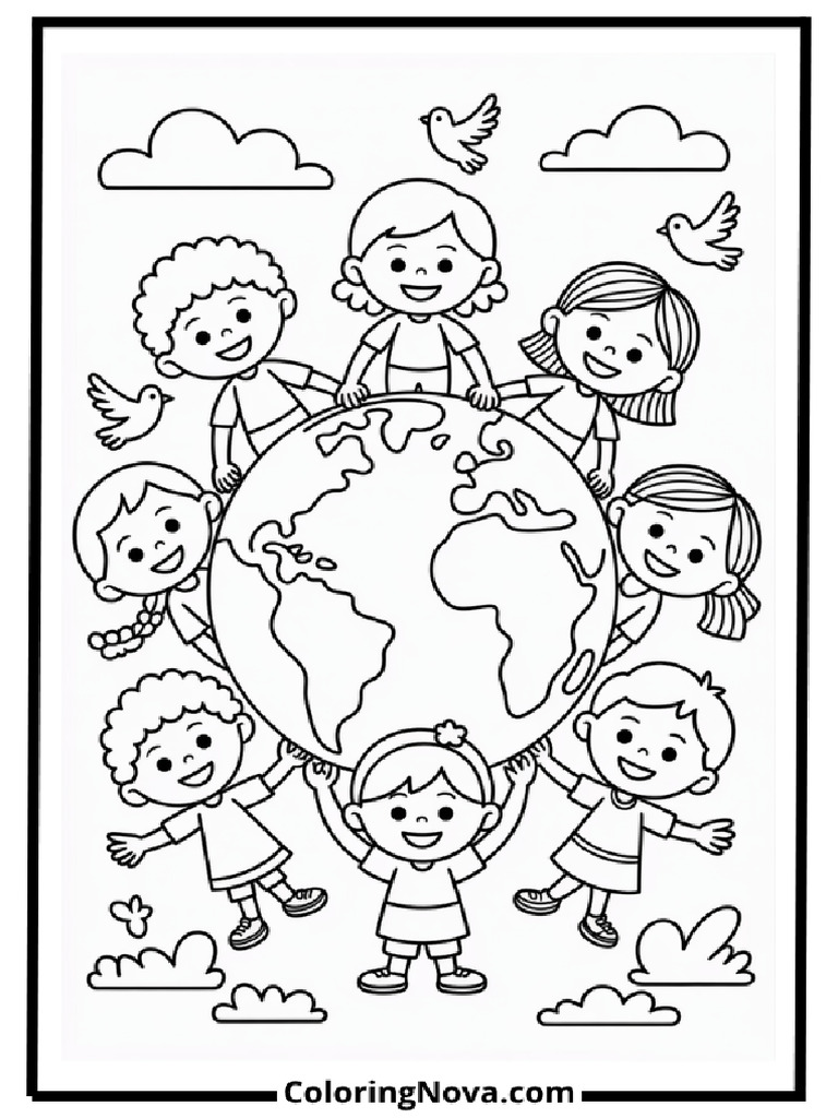Kids Holding Hands Around Earth Coloring Page | PDF