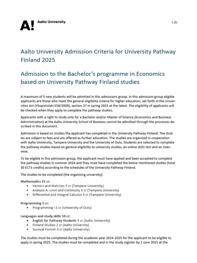 Aalto University Pathway Admission 2025 | PDF | University And College ...