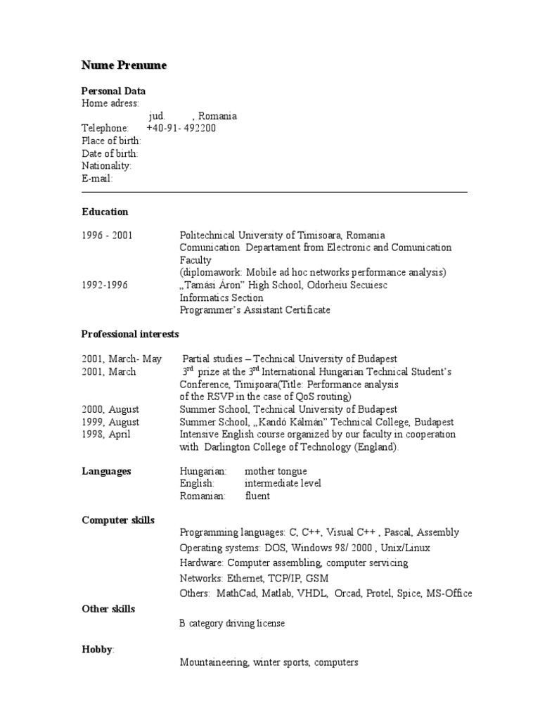 model de cv  engleza creare  curriculum