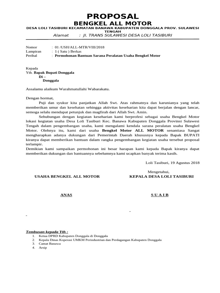 Proposal Bantuan Bengkel Motor Donggala | PDF