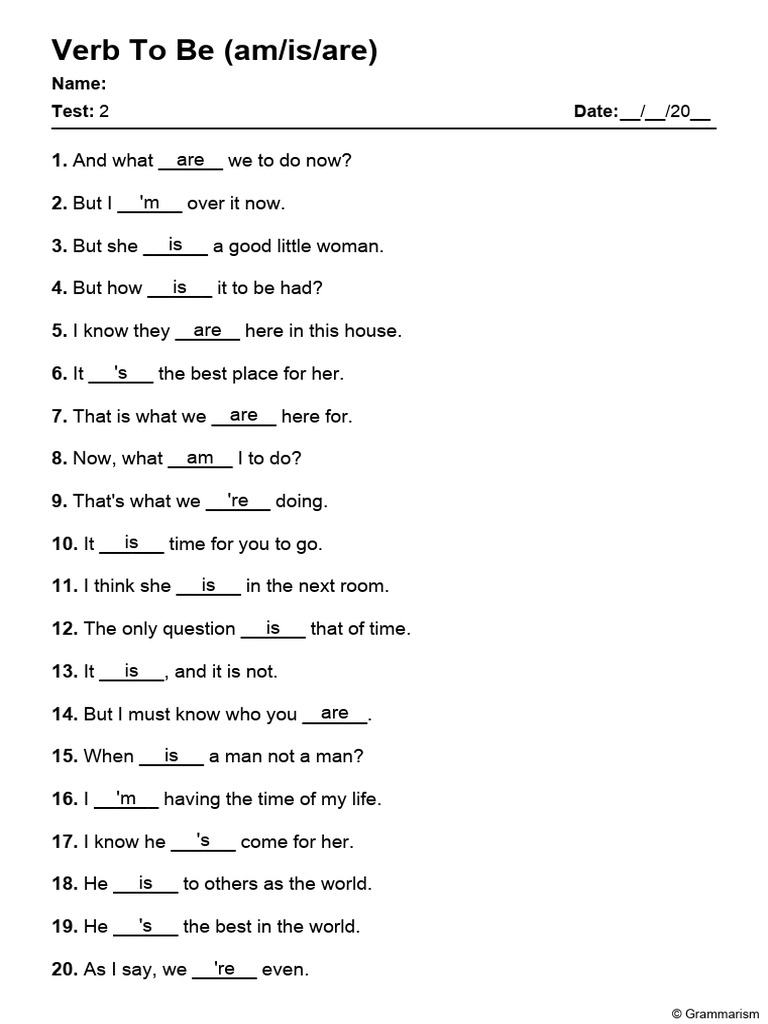 Verb To Be Test: am/is/are Quiz | PDF