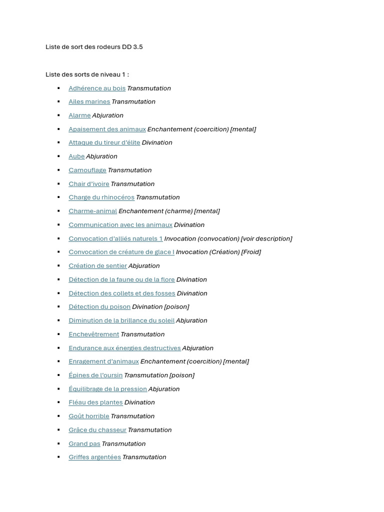 Sorts de rodeurs DD 3.5 : Liste complète | PDF