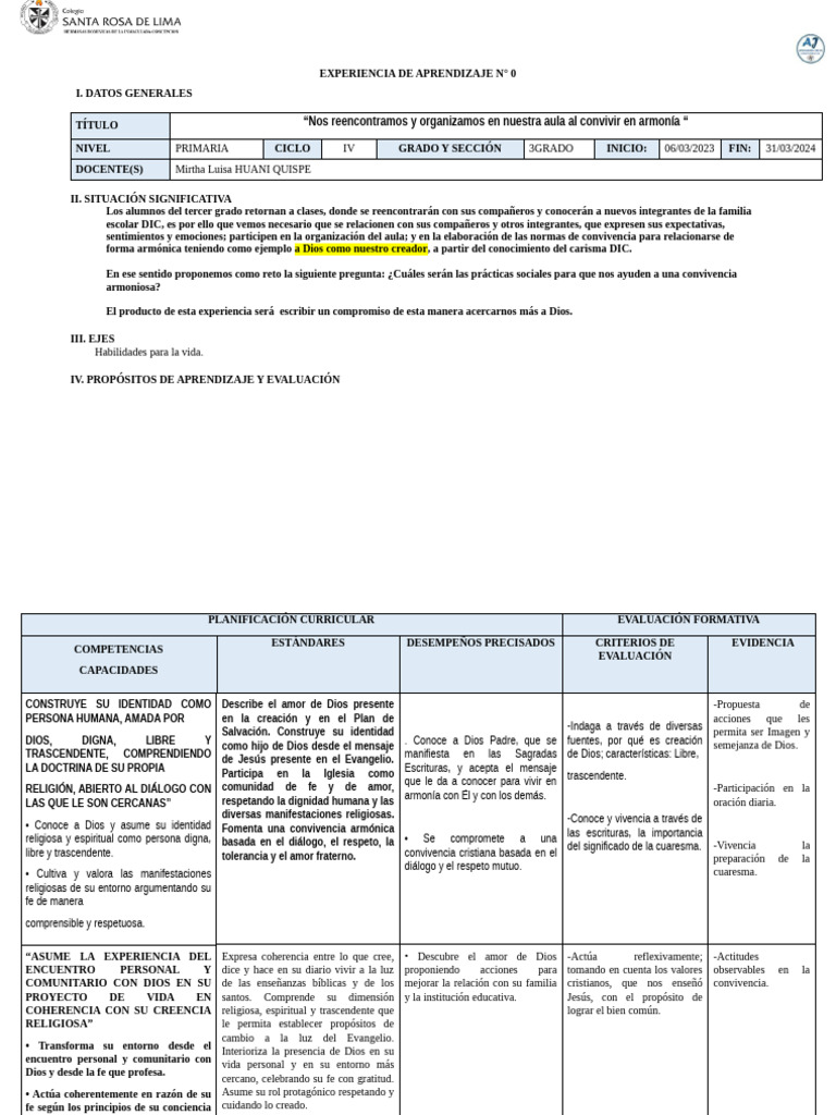 Convivencia Armónica en Tercer Grado | PDF | Aprendizaje | Evaluación