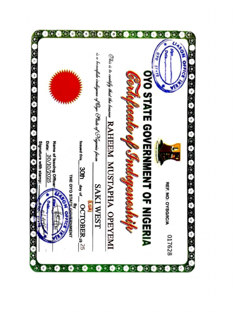 Raheem Mustapha Opeyemi Local Government Certificate | PDF