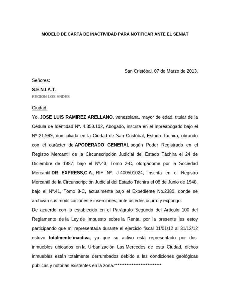 Carta de Inactividad para SENIAT | PDF