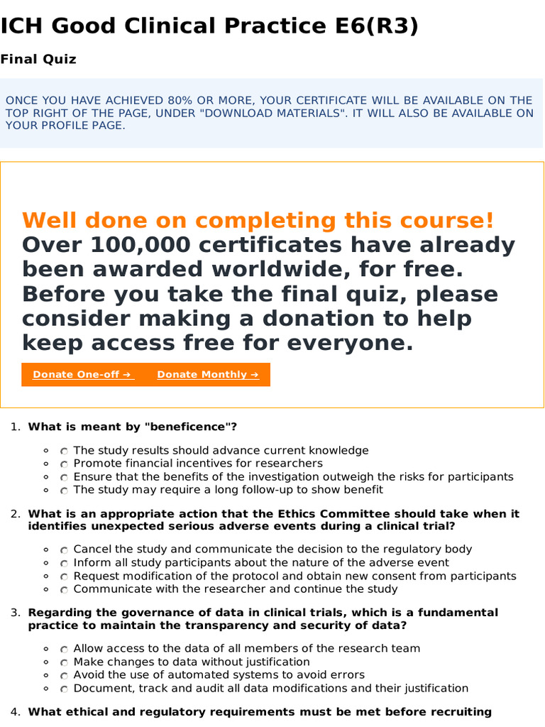 ICH GCP E6(R3) Final Quiz Guide | PDF | Clinical Trial