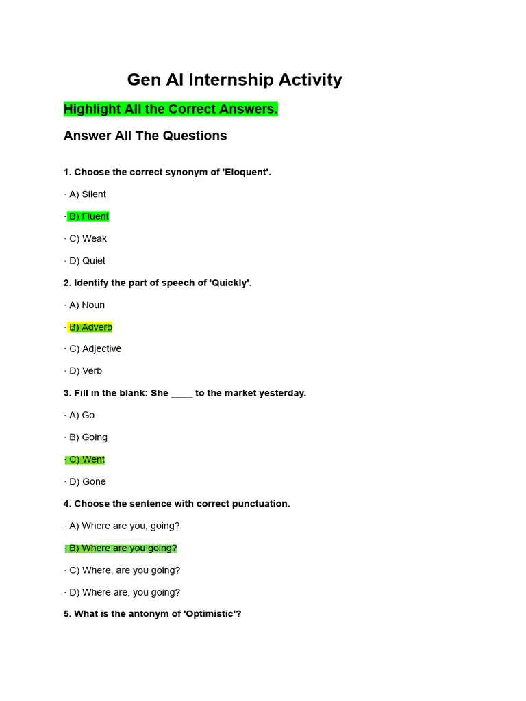 Gen AI Internship Quiz Questions | PDF | Part Of Speech | Grammar