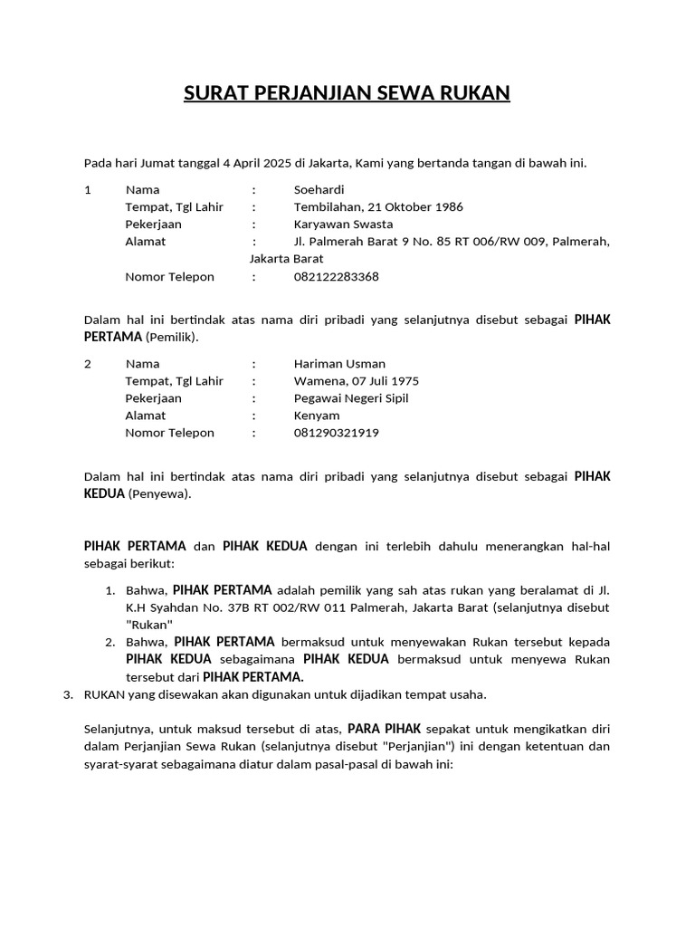 Perjanjian Sewa Rukan Jakarta 2025 | PDF