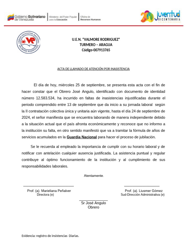 Acta de Inasistencia Laboral José Angulo | PDF
