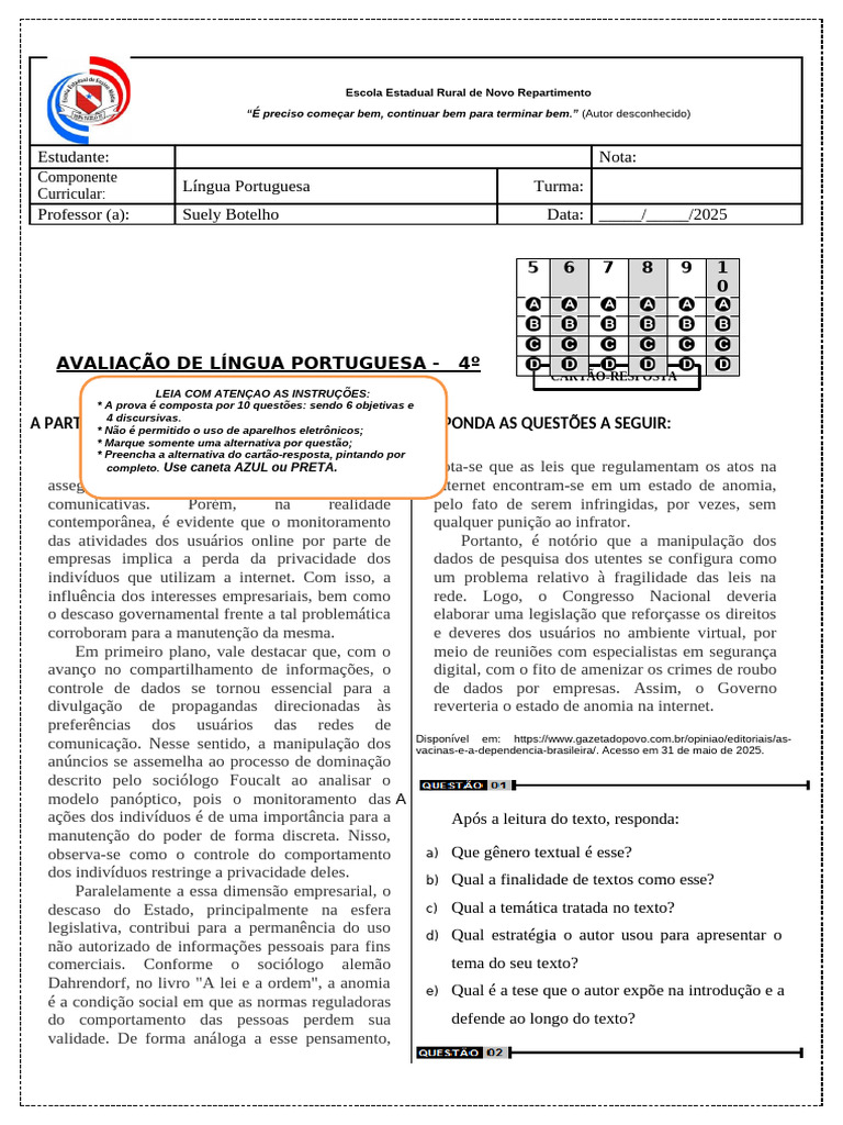 Gelado Ensino Medio 4º Ano Língua Portuguesa Prova Bimestre 2025 | PDF ...