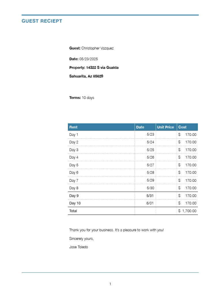 Guest Receipt for Rental Agreement | PDF