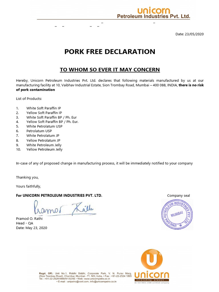 Pork Free Declaration by Unicorn Petroleum | PDF