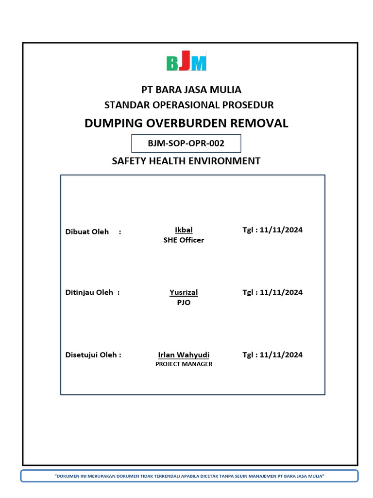 002 Bjm-Sop-Opr-R2 Dumping Overburden Removal | PDF