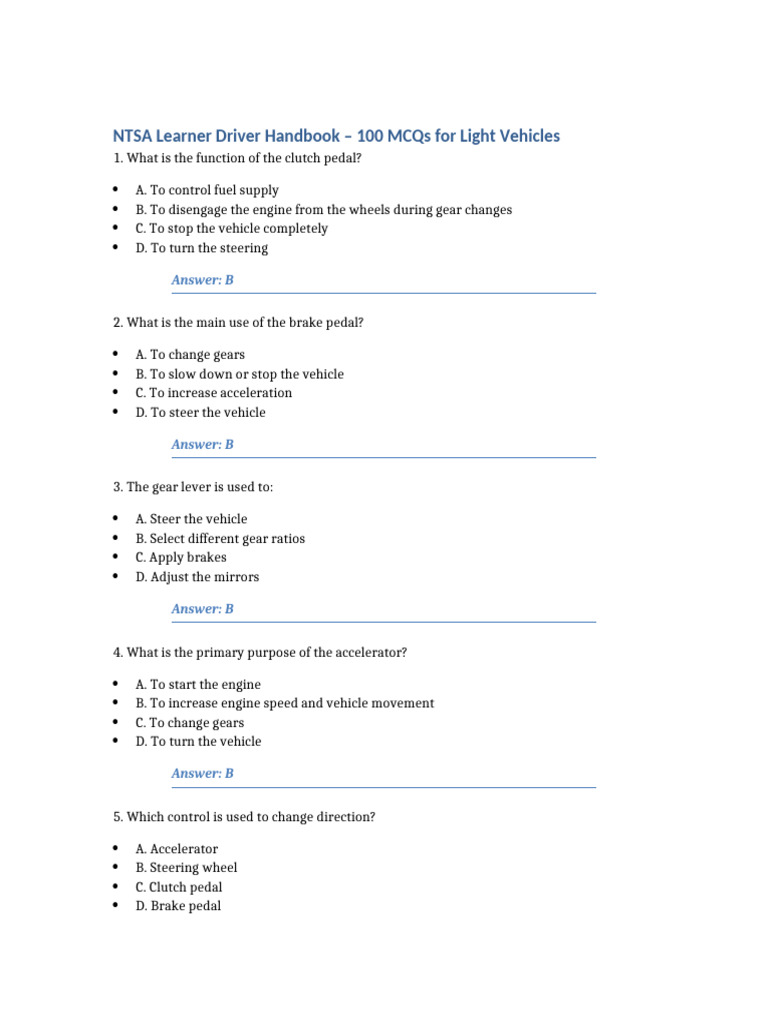 NTSA Learner Driver Handbook MCQs | PDF