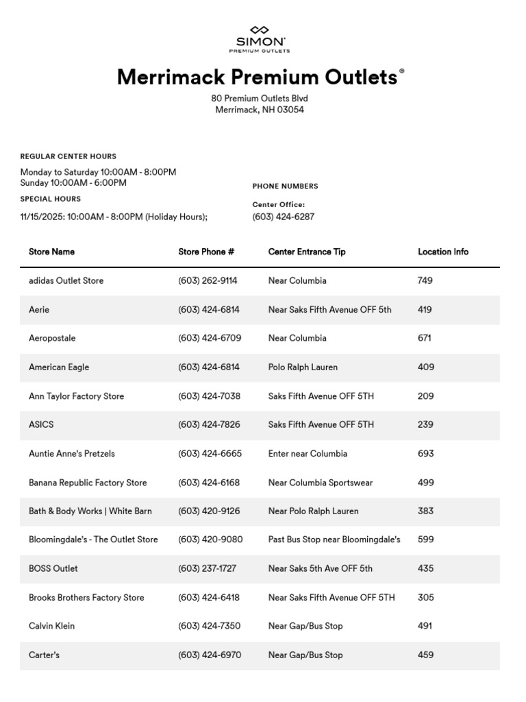Merrimack Premium Outlets Store Guide | PDF | Retailing | Retail Companies