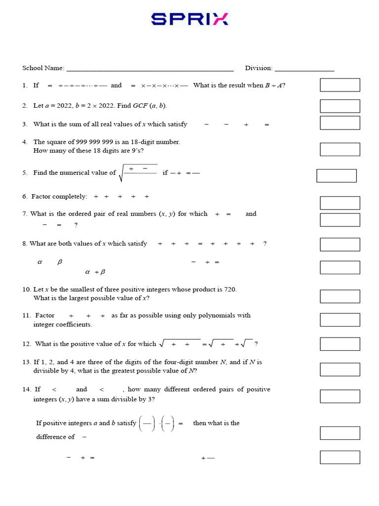 2025 SPRIX NCR Math Challenge Grade 10 | PDF | Factorization ...