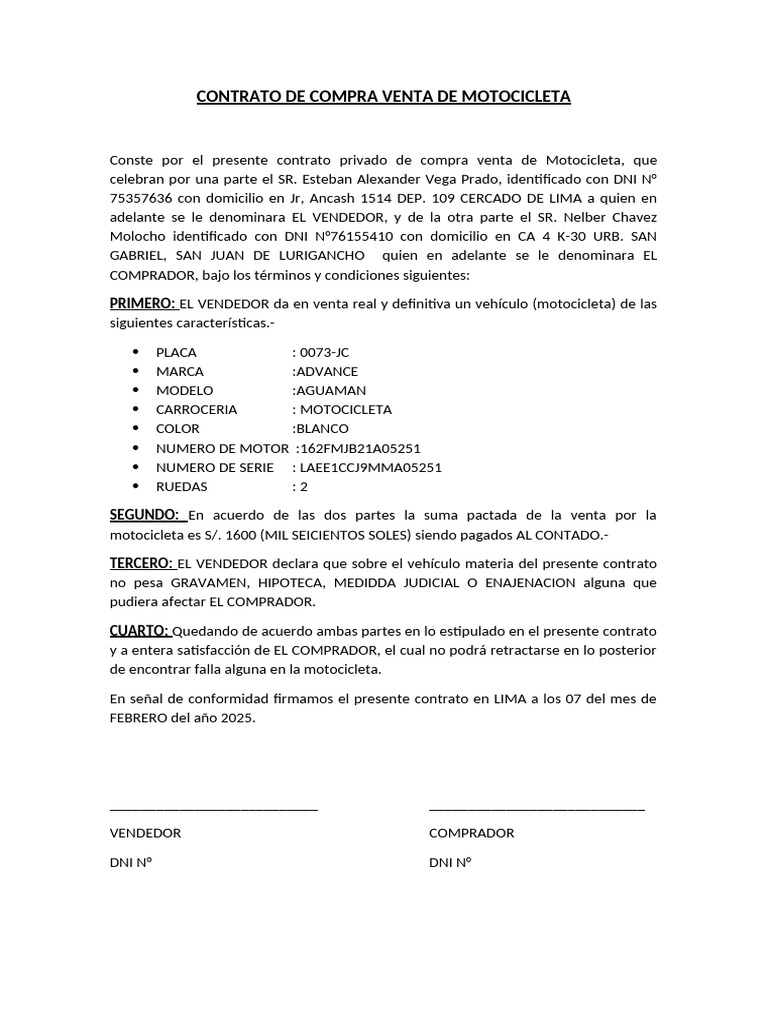 Contrato de Compra Venta Motocicleta | PDF