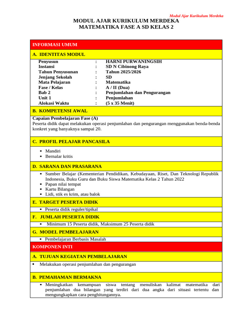 Modul Ajar Matematika Kelas 2 SD | PDF
