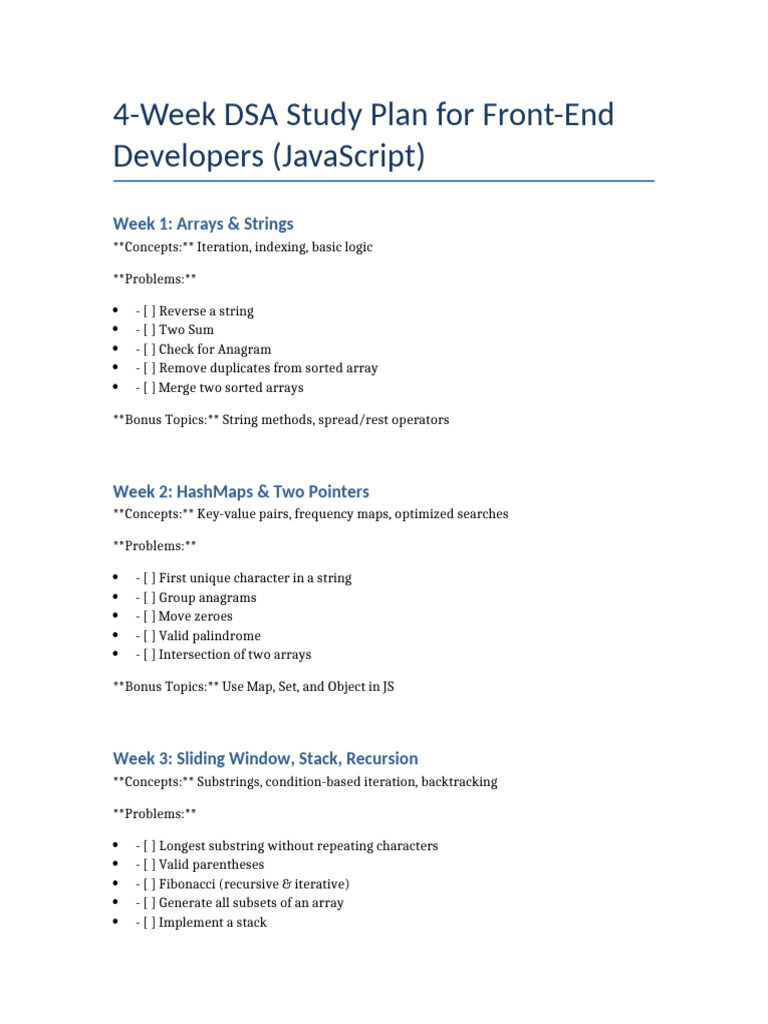 4-Week JavaScript DSA Study Plan | PDF