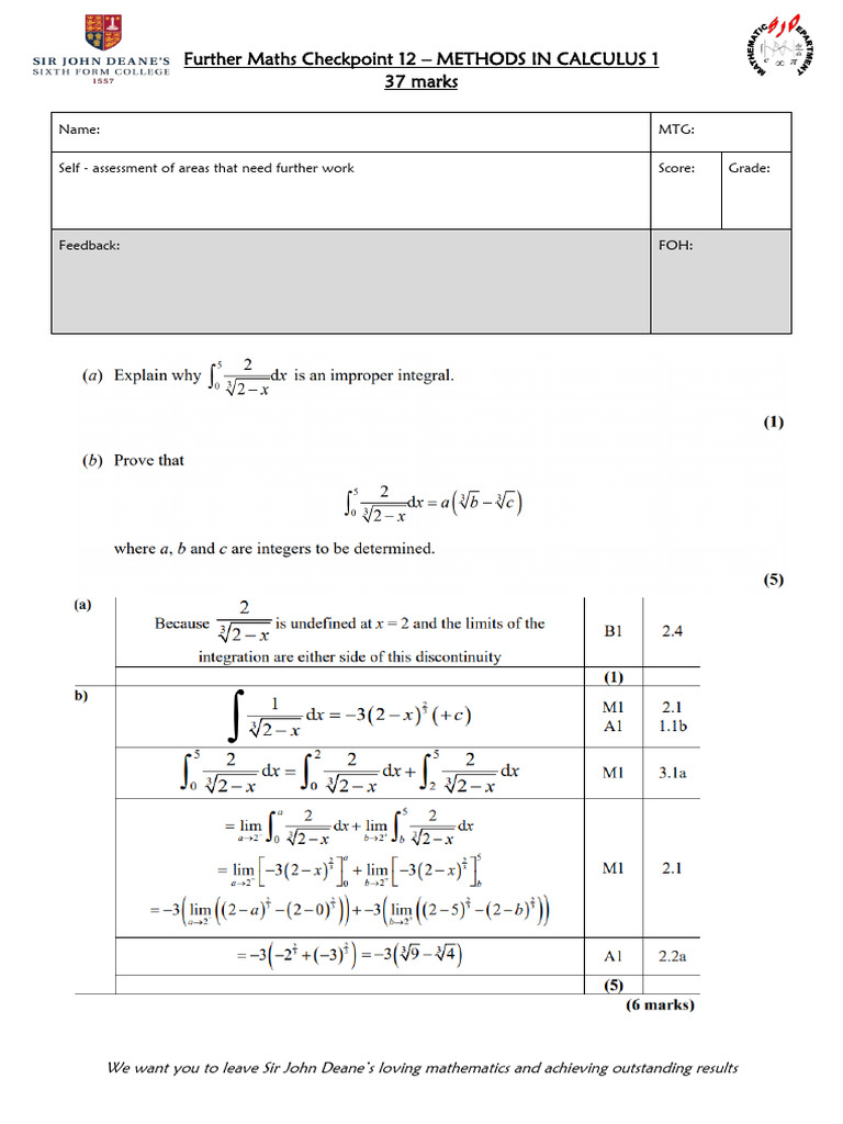 Checkpoint 12 - Methods in Calculus 1 WITH MARK SCHEME | PDF