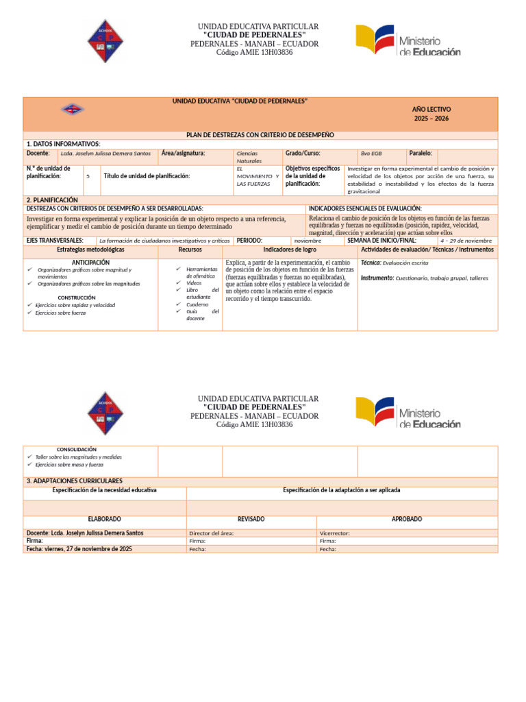 Planificación de Ciencias 8vo EGB 2025-2026 | PDF | Fuerza | Planificación