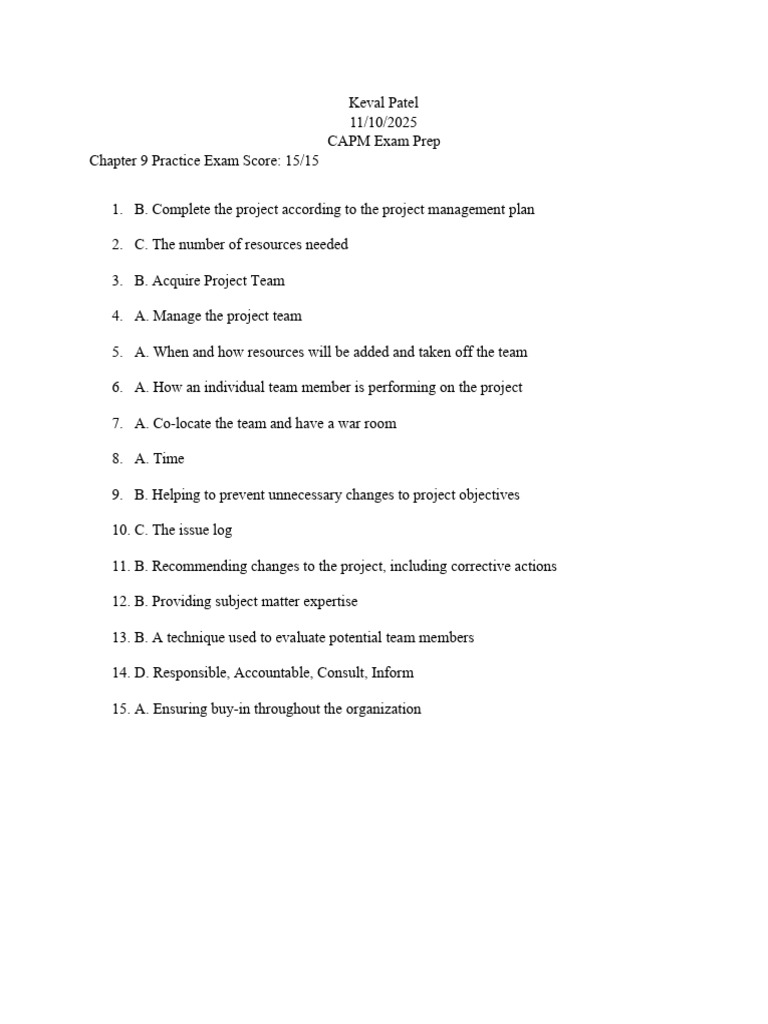 CAPM Exam Prep: Chapter 9 Practice Score | PDF