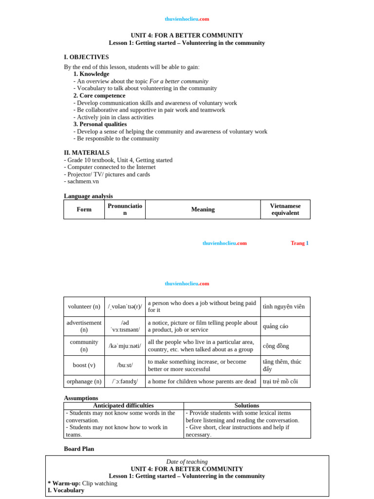 GA Tieng Anh 10 Global Unit 4 FOR A BETTER COMMUNITY | PDF | Stress ...