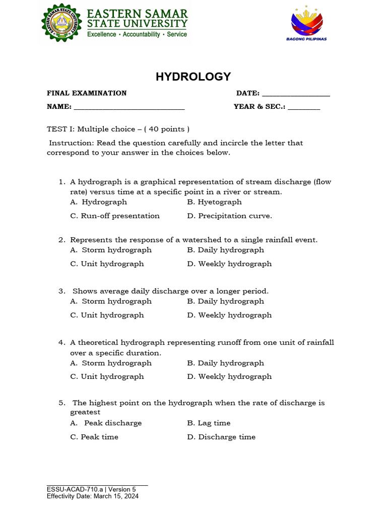 Hydrology Final Exam Questions | PDF | Discharge (Hydrology) | Evaporation