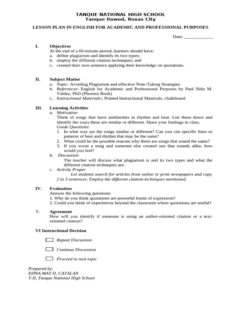 Lesson Plan: Avoiding Plagiarism | PDF