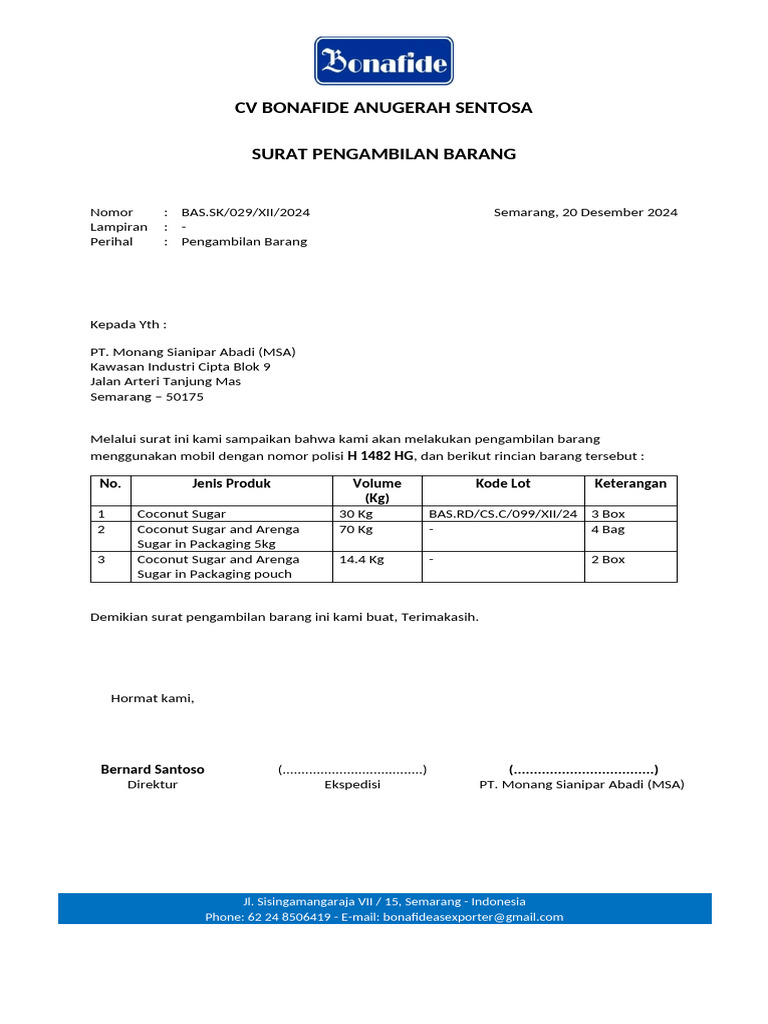 Surat Pengambilan Barang Di MSA 3 | PDF