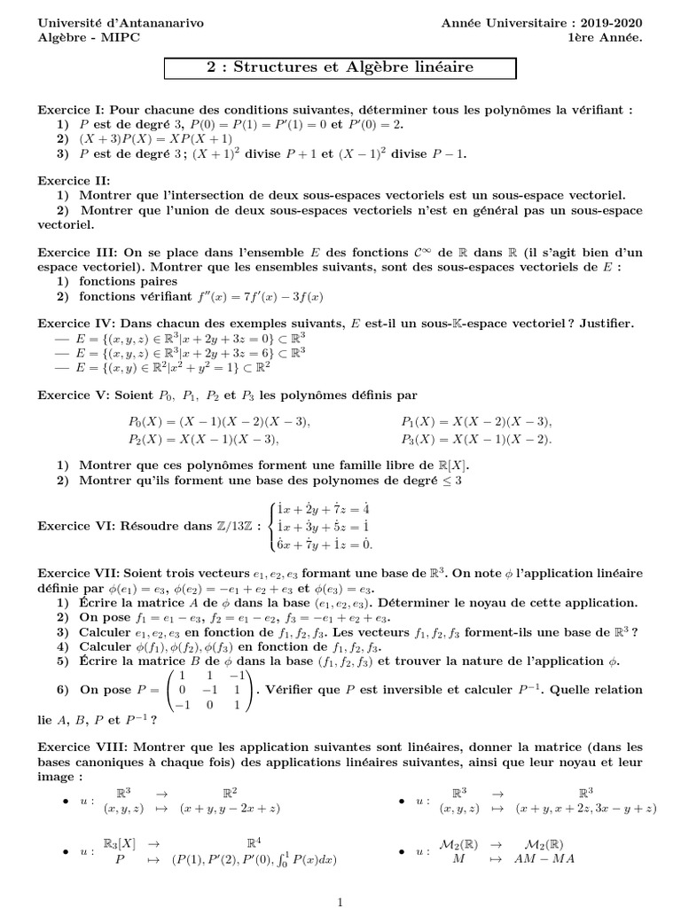 Exercices d'Algèbre et de Structures Linéaires | PDF | Base (algèbre ...