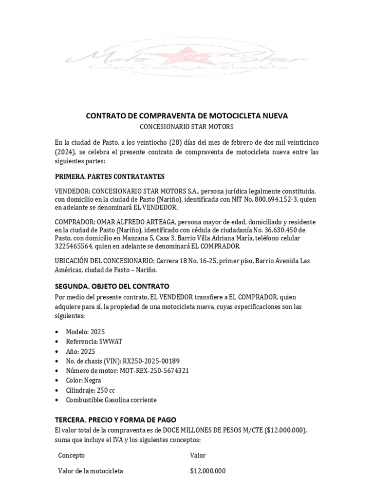 Contrato de Compraventa Motocicleta 2025 | PDF