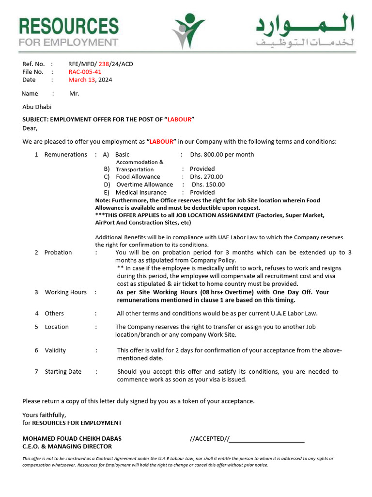 Employment Offer for Labour Position | PDF | Employment | Labour Law