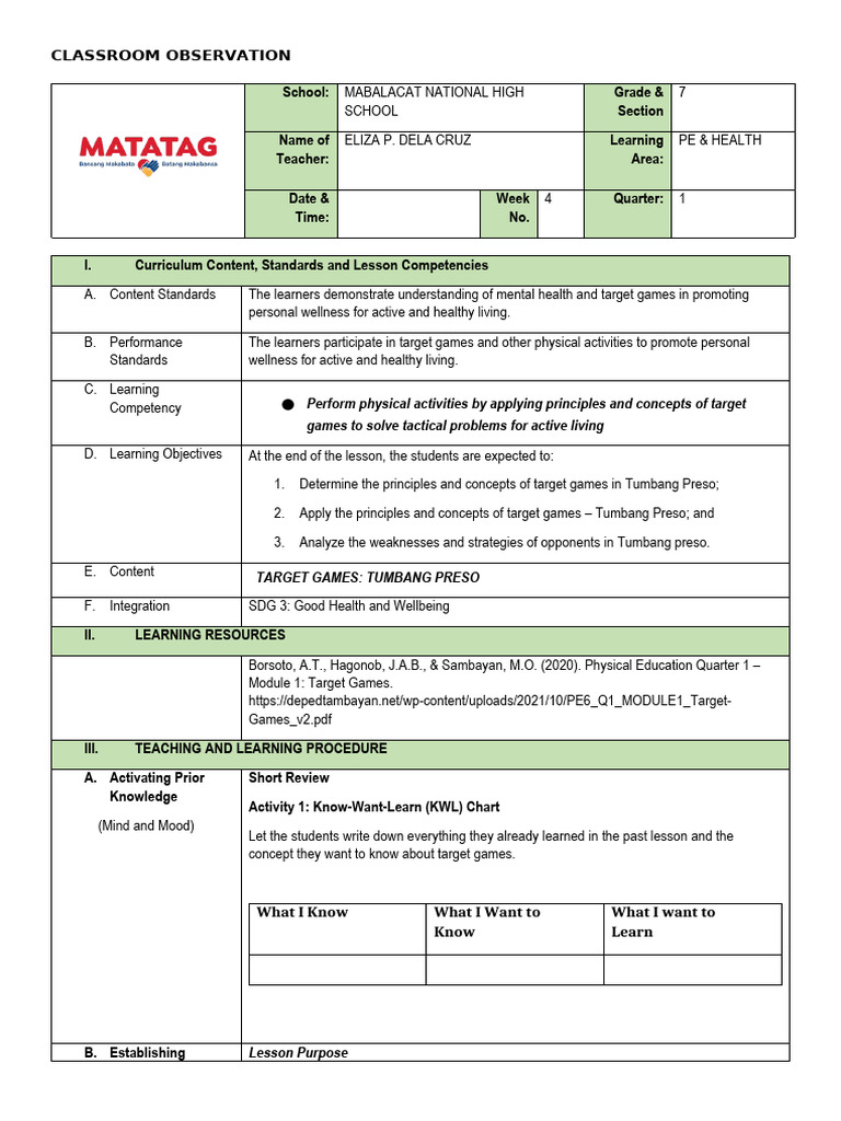 q1 Cot Pe - Health Matatag7 - Le | PDF | Learning | Motor Control