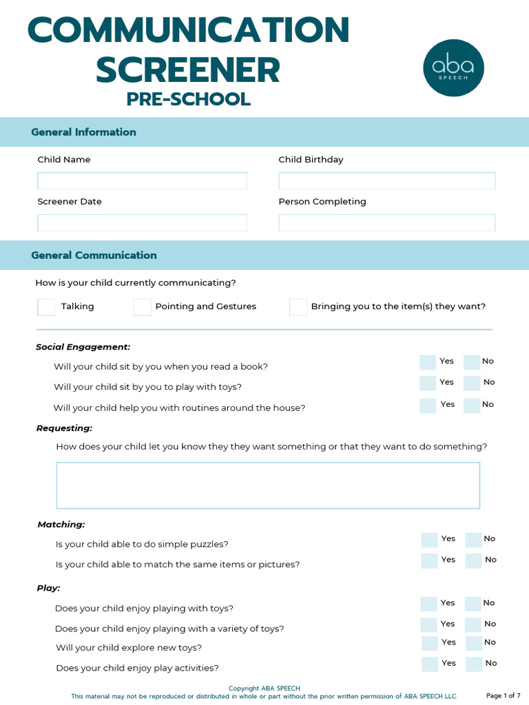Child Communication Screener Form | PDF | Toys | Communication
