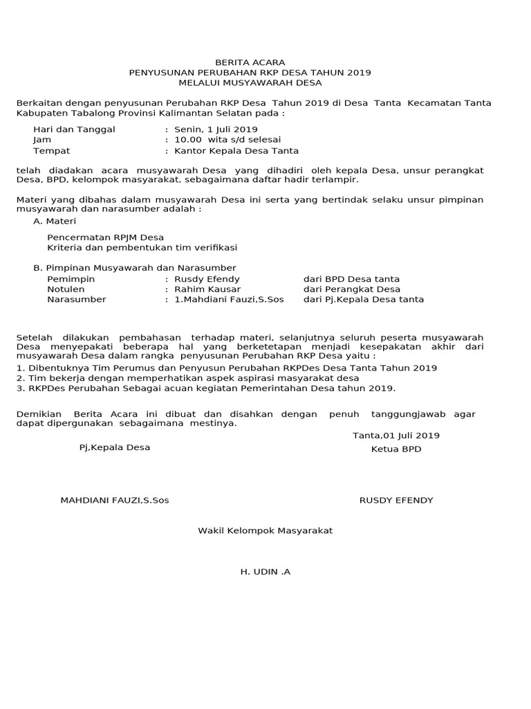 Musyawarah Desa RKP Perubahan 2019 | PDF