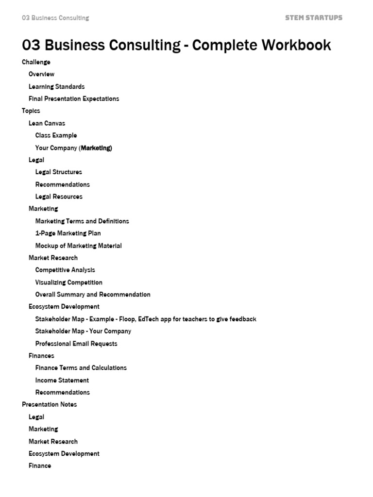 Business Consulting Workbook for STEM Startups | PDF | Marketing ...