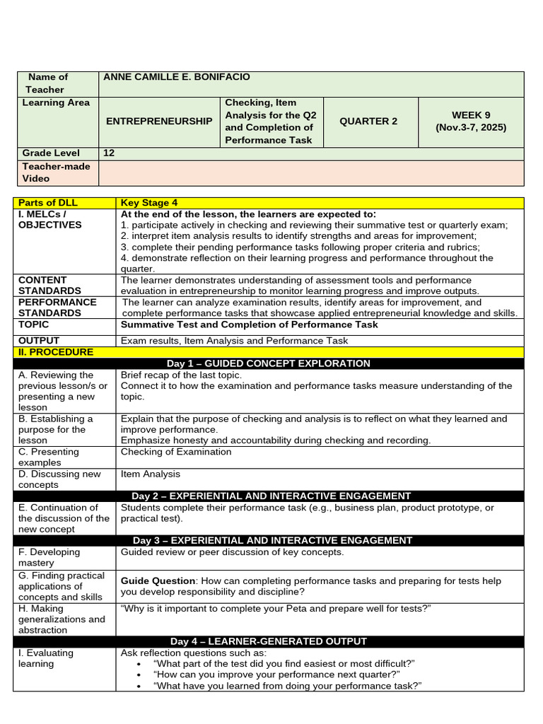 Bonifacio Entrep Week 9 Nov. 3-7-2025 | PDF | Learning | Educational ...