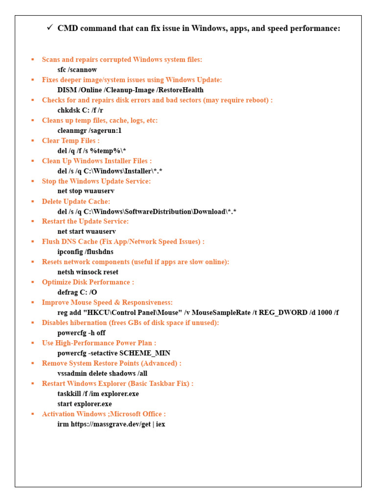 Windows CMD Commands for Performance Fixes | PDF