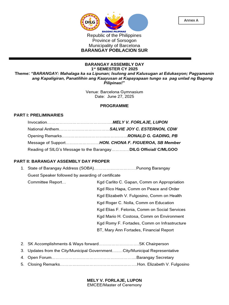 Barangay Poblacion Sur Assembly 2025 | PDF