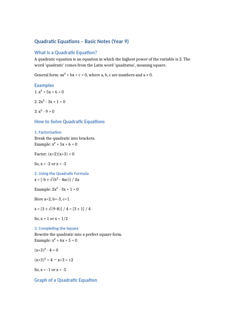 Quadratic Equations Basic Notes Year9 | PDF