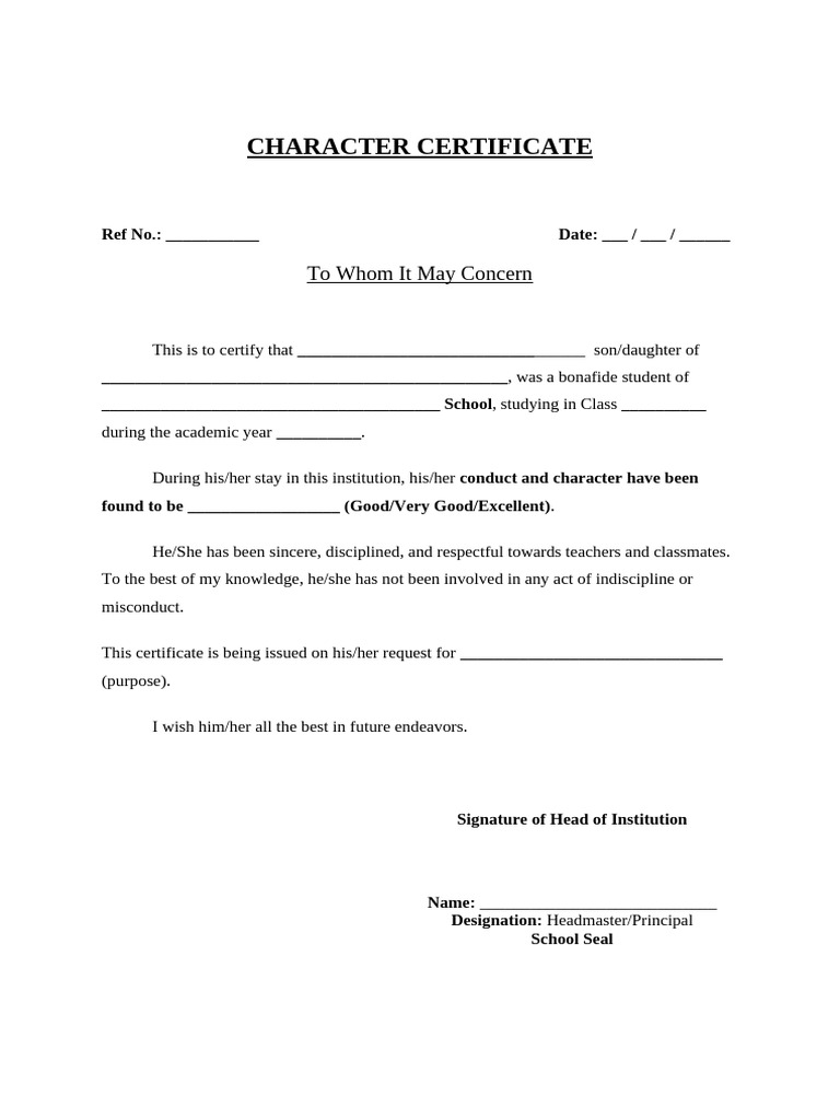 Character Certificate Template | PDF