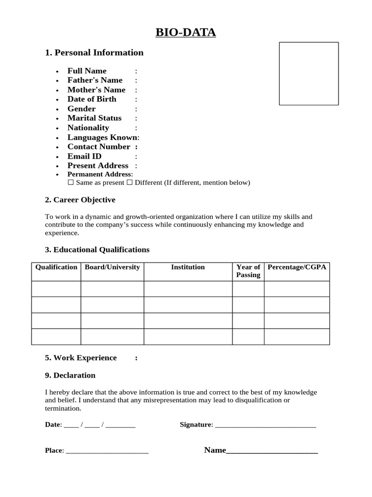 Comprehensive Bio-Data Template | PDF