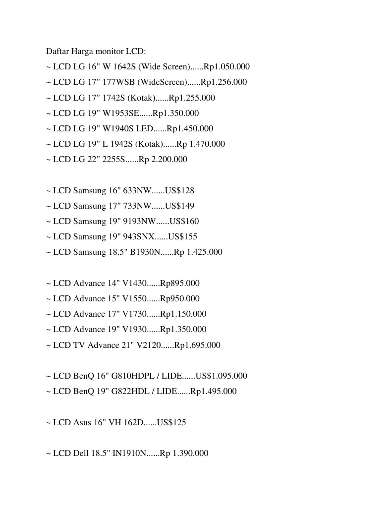 Daftar Harga Monitor LCD dan CRT | PDF