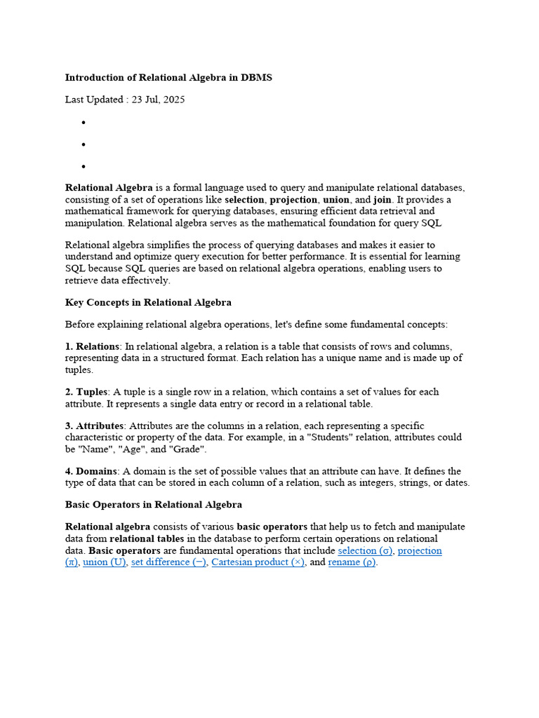Introduction of Relational Algebra in DBMS | PDF | Relational Model ...