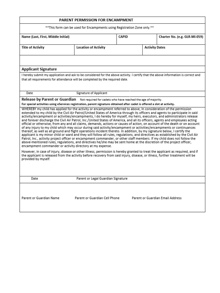 Encampment Parent Permission and Medical Release Form | PDF | Allergy ...